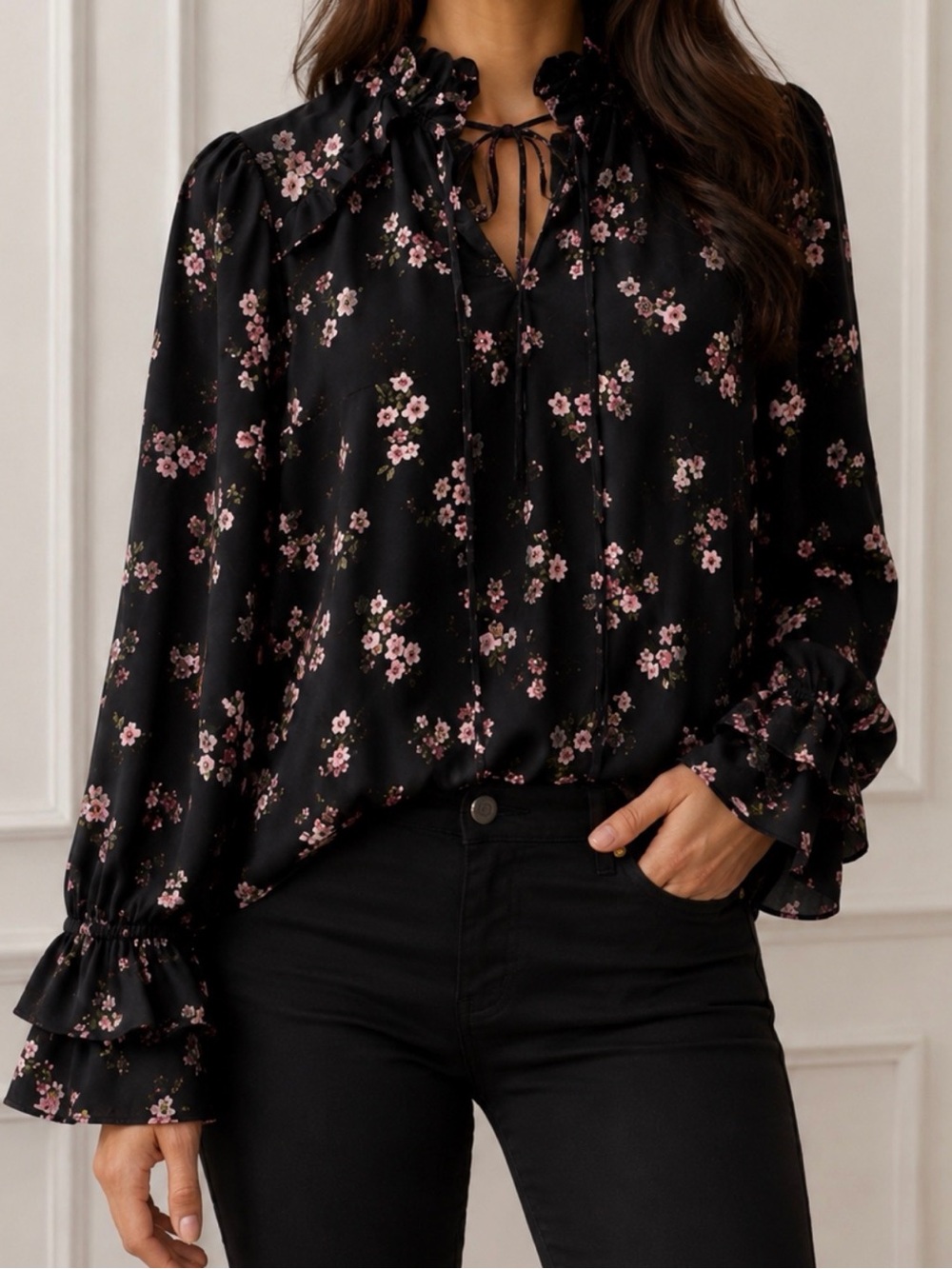 CeCe Black Blouse with Pink Floral Print and Ruffle Neck